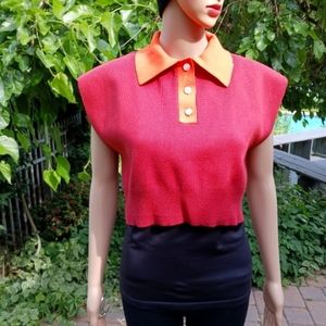 CIDER Boxy Cropped Collared Smooth Fine Cotton Knit Top Maroon & Orange